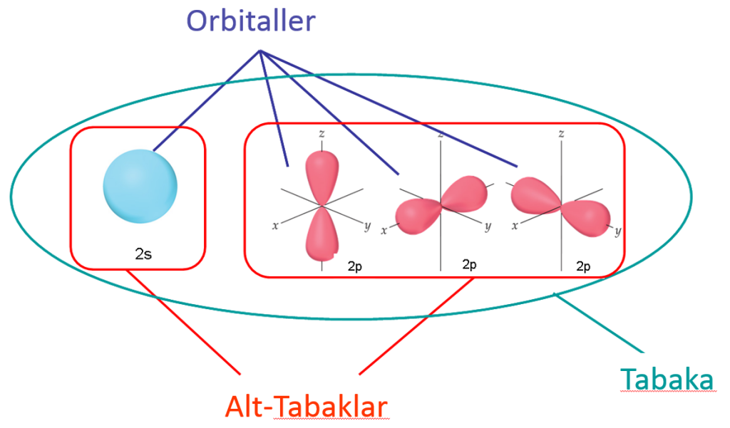 Tabaka, Alt-tabak ve Orbitallerin şematik gösterimi.
