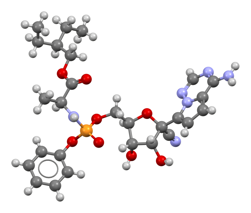 Ball-and-stick model of a remdesivir molecule, FIP